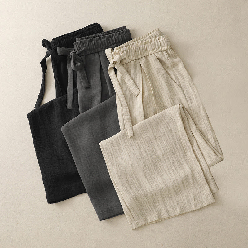 Buddha Stones Casual Summer Lace-Up Texture Design Women's Cotton Wide Leg Pants With Pockets