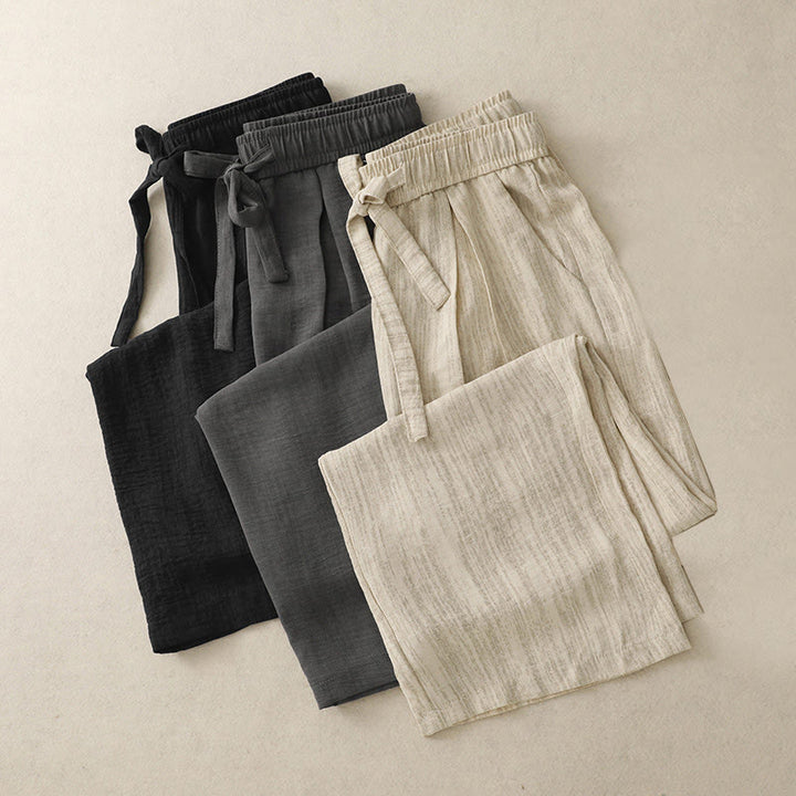 Buddha Stones Casual Summer Lace-Up Texture Design Women's Cotton Wide Leg Pants With Pockets
