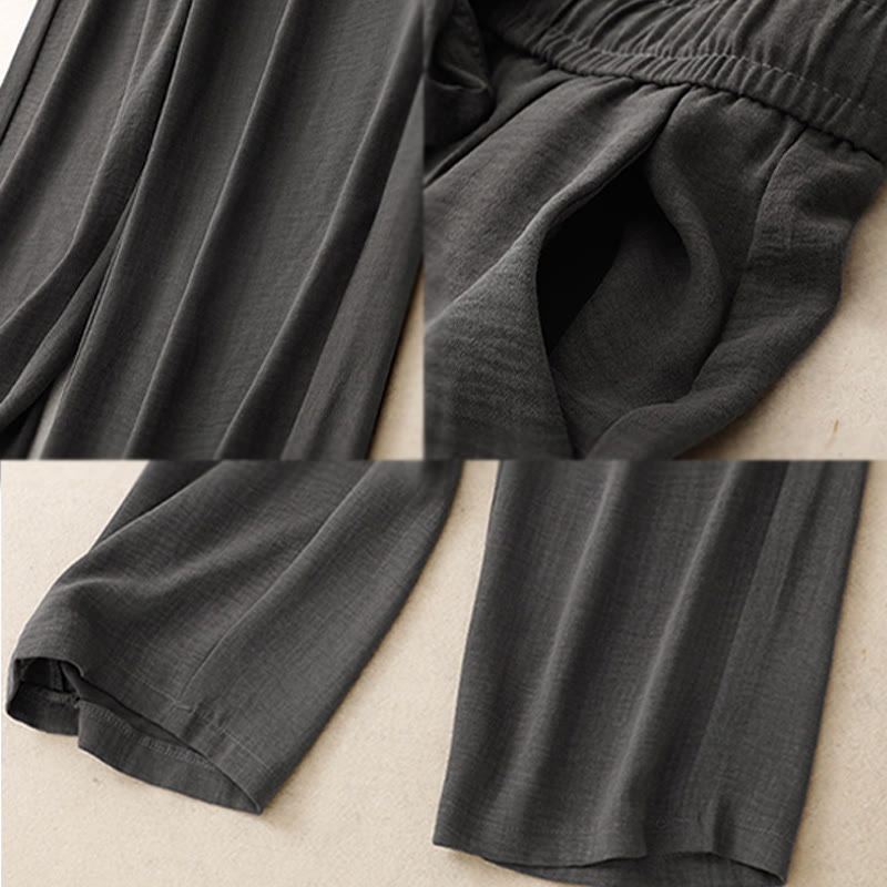 Buddha Stones Casual Summer Lace-Up Texture Design Women's Cotton Wide Leg Pants With Pockets