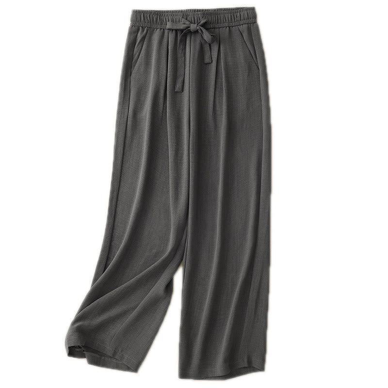 Buddha Stones Casual Summer Lace-Up Texture Design Women's Cotton Wide Leg Pants With Pockets