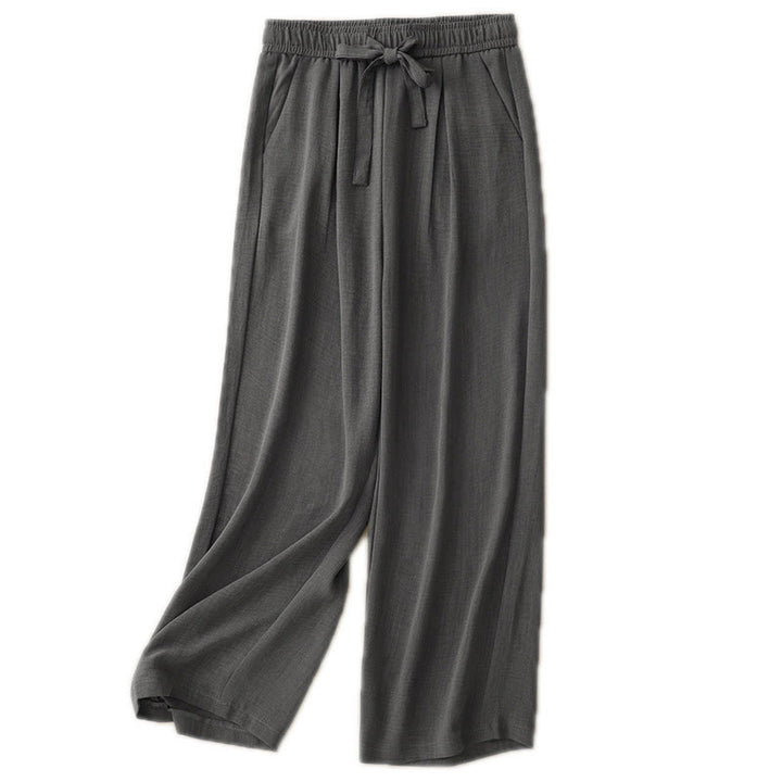 Buddha Stones Casual Summer Lace-Up Texture Design Women's Cotton Wide Leg Pants With Pockets