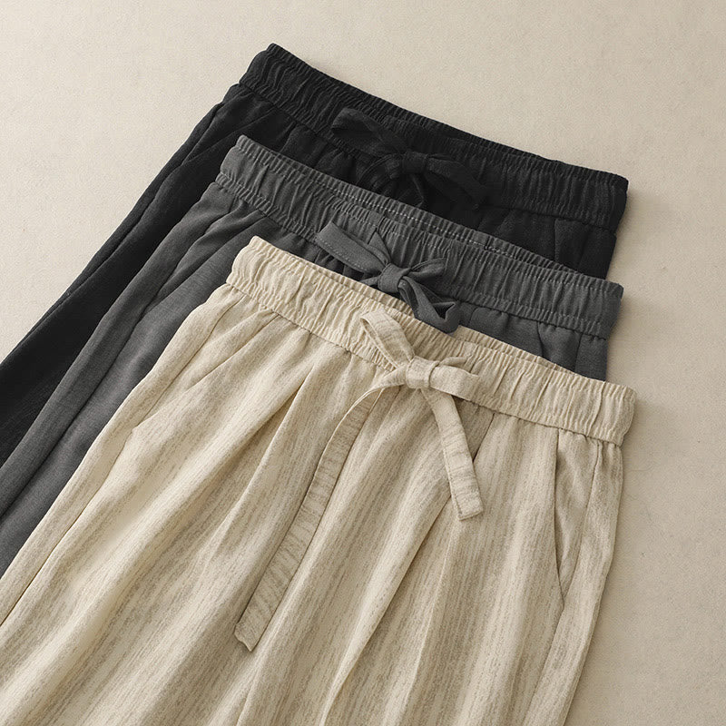 Buddha Stones Casual Summer Lace-Up Texture Design Women's Cotton Wide Leg Pants With Pockets
