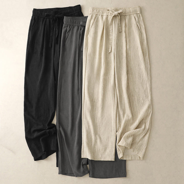 Buddha Stones Casual Summer Lace-Up Texture Design Women's Cotton Wide Leg Pants With Pockets