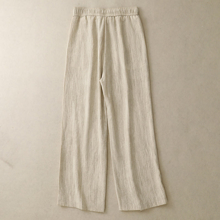 Buddha Stones Casual Summer Lace-Up Texture Design Women's Cotton Wide Leg Pants With Pockets