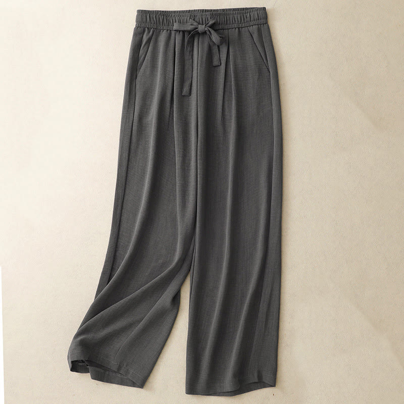 Buddha Stones Casual Summer Lace-Up Texture Design Women's Cotton Wide Leg Pants With Pockets