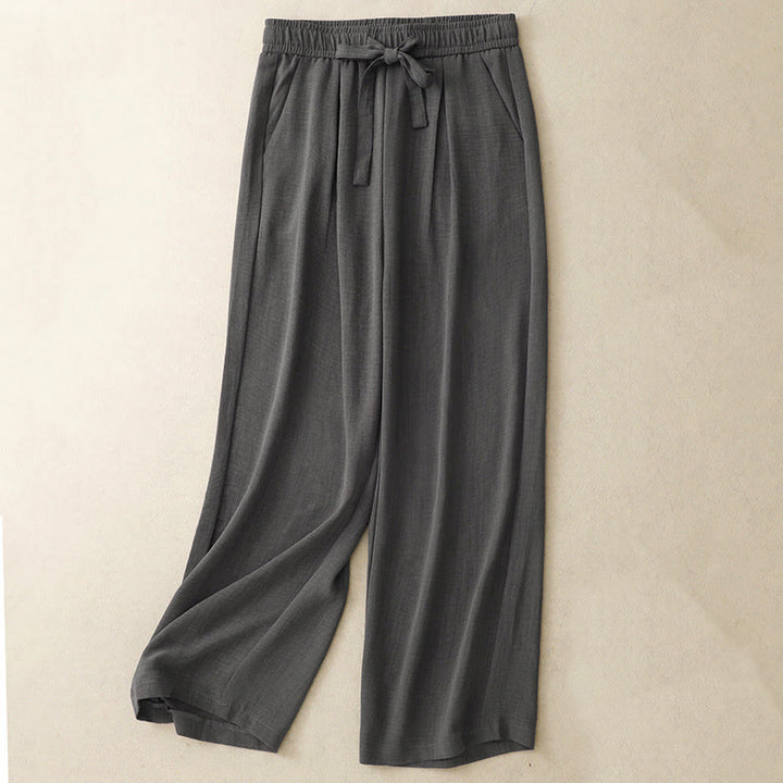 Buddha Stones Casual Summer Lace-Up Texture Design Women's Cotton Wide Leg Pants With Pockets
