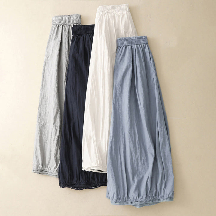 Buddha Stones Casual Hem Hollow Design Women's Cotton 7-8 Length Wide Leg Pants With Pockets