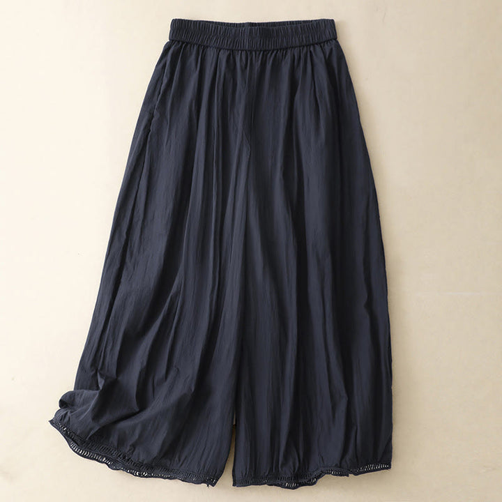 Buddha Stones Casual Hem Hollow Design Women's Cotton 7-8 Length Wide Leg Pants With Pockets
