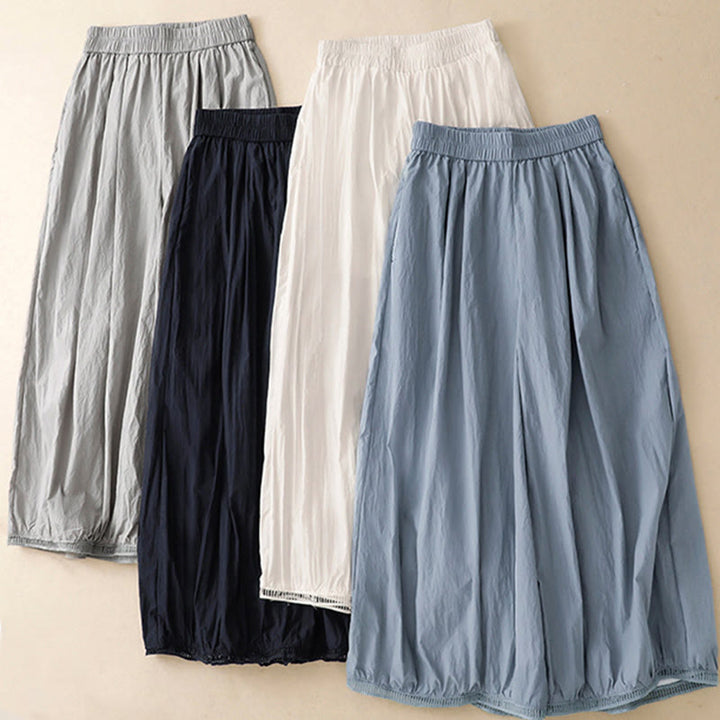 Buddha Stones Casual Hem Hollow Design Women's Cotton 7-8 Length Wide Leg Pants With Pockets