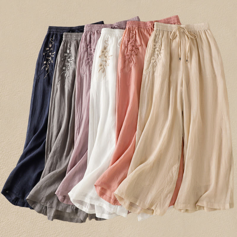 Buddha Stones Commute Embroidery Drawstring Women's Cotton Wide Leg Pants With Pockets - image 49