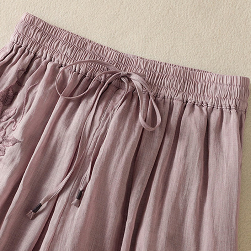 Buddha Stones Commute Embroidery Drawstring Women's Cotton Wide Leg Pants With Pockets - image 36