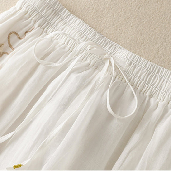 Buddha Stones Commute Embroidery Drawstring Women's Cotton Wide Leg Pants With Pockets