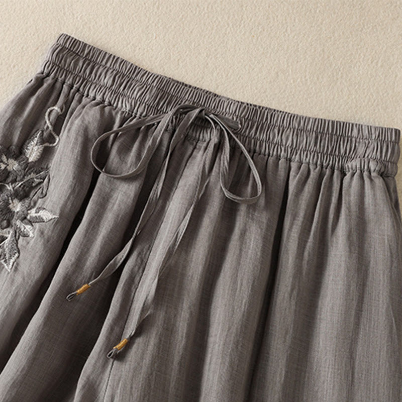 Buddha Stones Commute Embroidery Drawstring Women's Cotton Wide Leg Pants With Pockets - image 45