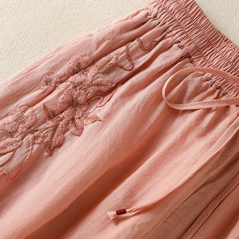 Buddha Stones Commute Embroidery Drawstring Women's Cotton Wide Leg Pants With Pockets - image 23