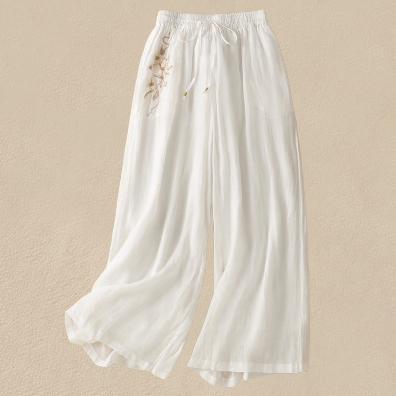Buddha Stones Commute Embroidery Drawstring Women's Cotton Wide Leg Pants With Pockets