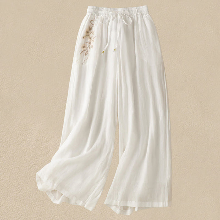 Buddha Stones Commute Embroidery Drawstring Women's Cotton Wide Leg Pants With Pockets