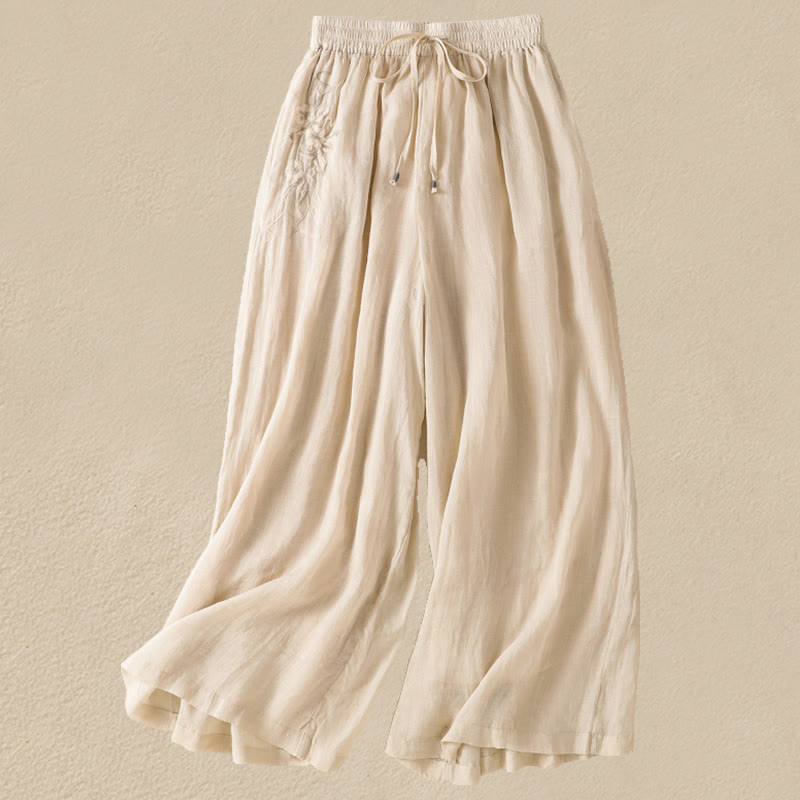Buddha Stones Commute Embroidery Drawstring Women's Cotton Wide Leg Pants With Pockets - Beige - US8-10，UK/AU12-14，EU40-42 (2XL) - image 7