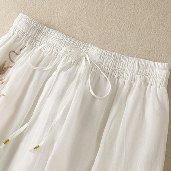 Buddha Stones Commute Embroidery Drawstring Women's Cotton Wide Leg Pants With Pockets