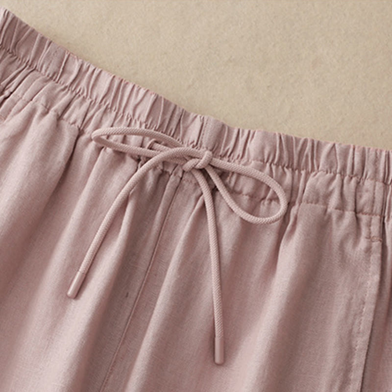 Buddha Stones Vintage Pure Color Drawstring Women's Cotton Linen Ankle-Length Pants With Pockets