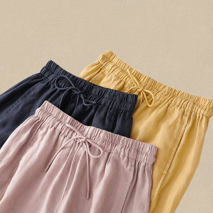 Buddha Stones Vintage Pure Color Drawstring Women's Cotton Linen Ankle-Length Pants With Pockets