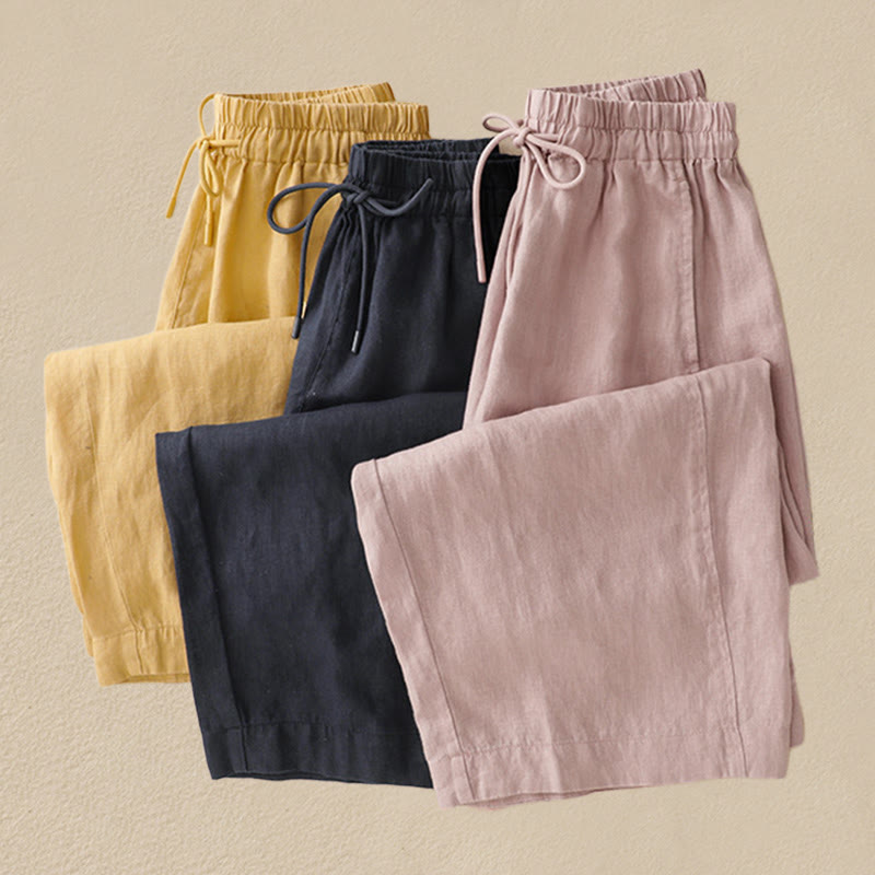 Buddha Stones Vintage Pure Color Drawstring Women's Cotton Linen Ankle-Length Pants With Pockets