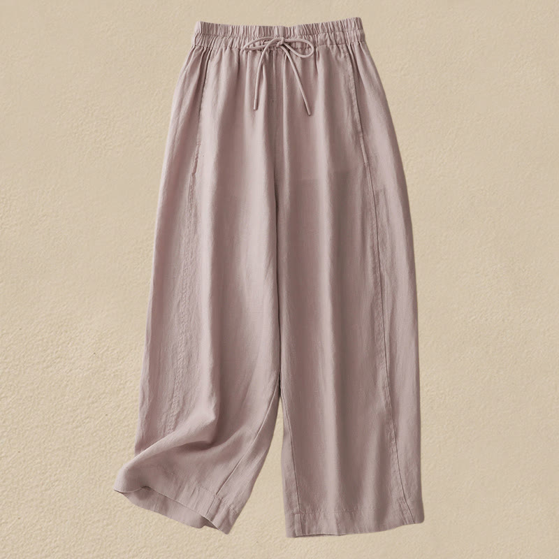 Buddha Stones Vintage Pure Color Drawstring Women's Cotton Linen Ankle-Length Pants With Pockets