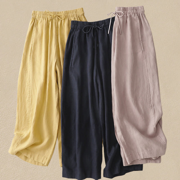 Buddha Stones Vintage Pure Color Drawstring Women's Cotton Linen Ankle-Length Pants With Pockets