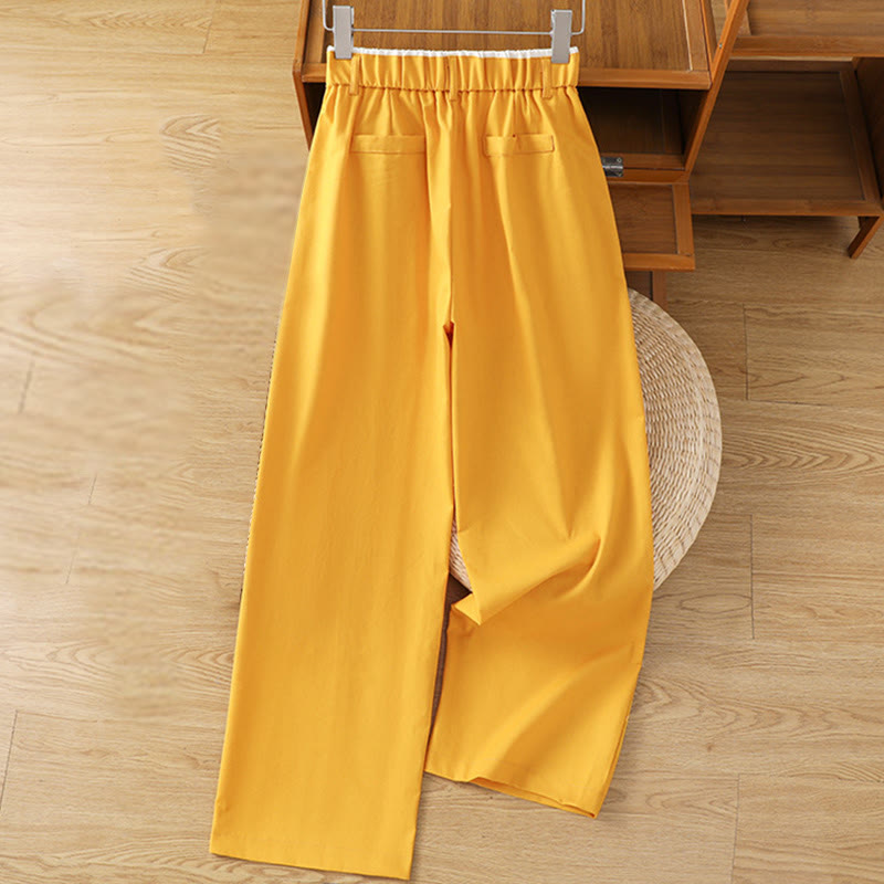 Buddha Stones Casual Hollow Lace Waistband Design Women's Cotton Linen Wide Leg Pants With Pockets
