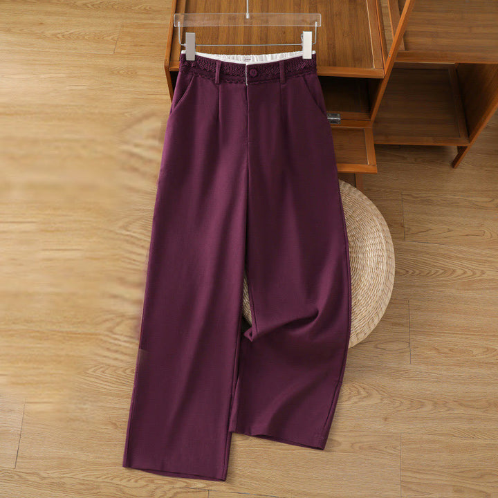 Buddha Stones Casual Hollow Lace Waistband Design Women's Cotton Linen Wide Leg Pants With Pockets