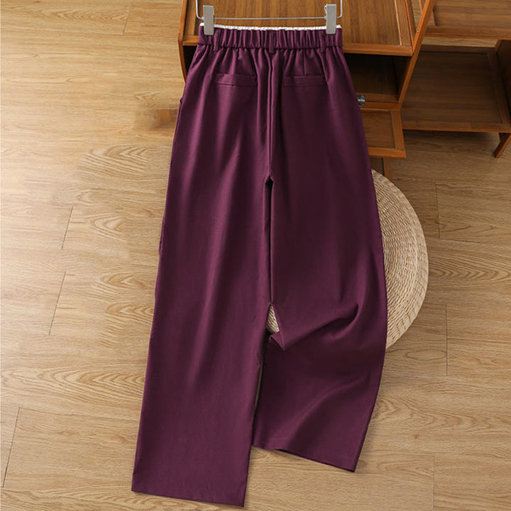 Buddha Stones Casual Hollow Lace Waistband Design Women's Cotton Linen Wide Leg Pants With Pockets