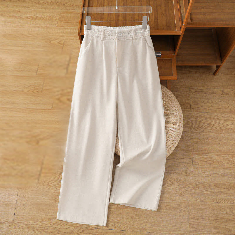 Buddha Stones Casual Hollow Lace Waistband Design Women's Cotton Linen Wide Leg Pants With Pockets