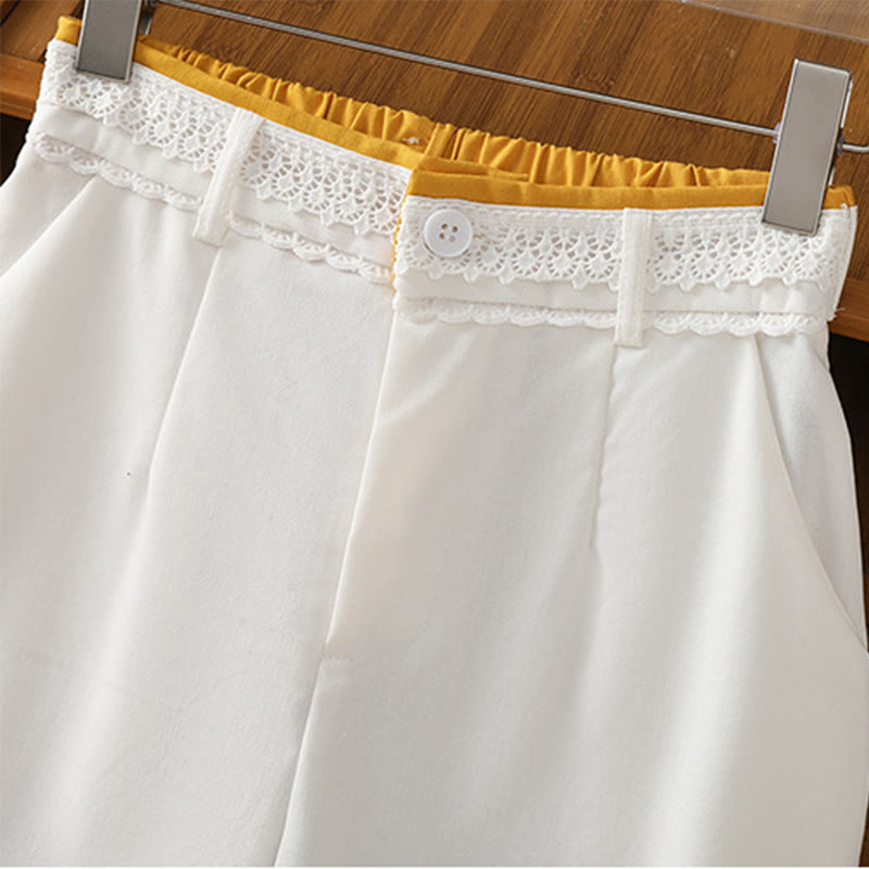 Buddha Stones Casual Hollow Lace Waistband Design Women's Cotton Linen Wide Leg Pants With Pockets