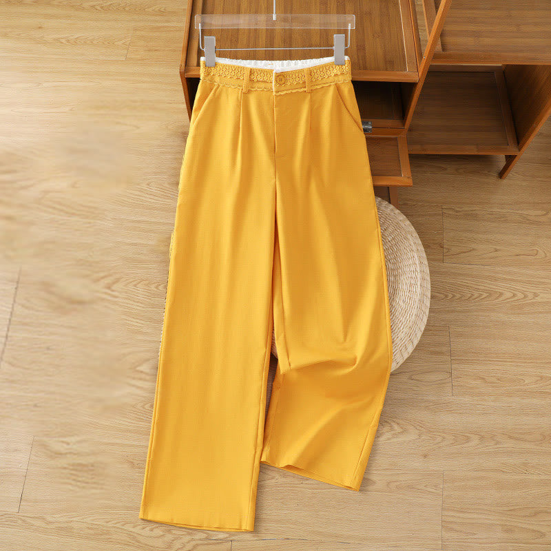 Buddha Stones Casual Hollow Lace Waistband Design Women's Cotton Linen Wide Leg Pants With Pockets
