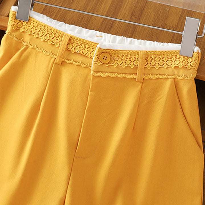 Buddha Stones Casual Hollow Lace Waistband Design Women's Cotton Linen Wide Leg Pants With Pockets