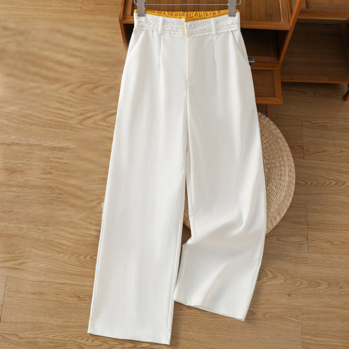 Buddha Stones Casual Hollow Lace Waistband Design Women's Cotton Linen Wide Leg Pants With Pockets