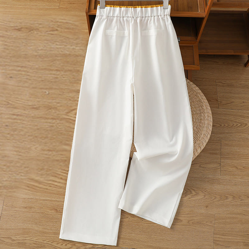 Buddha Stones Casual Hollow Lace Waistband Design Women's Cotton Linen Wide Leg Pants With Pockets