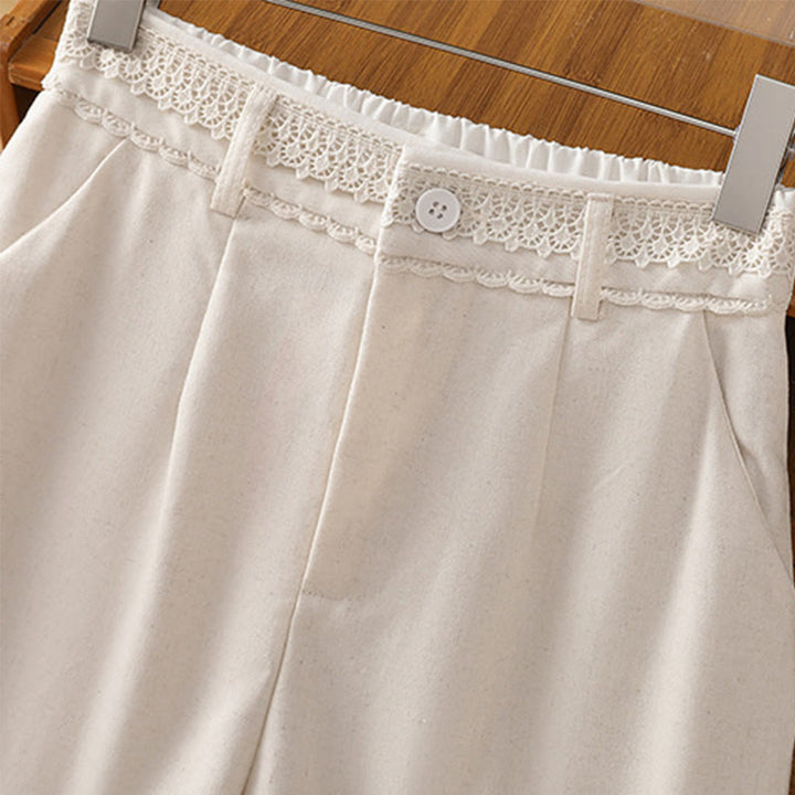Buddha Stones Casual Hollow Lace Waistband Design Women's Cotton Linen Wide Leg Pants With Pockets