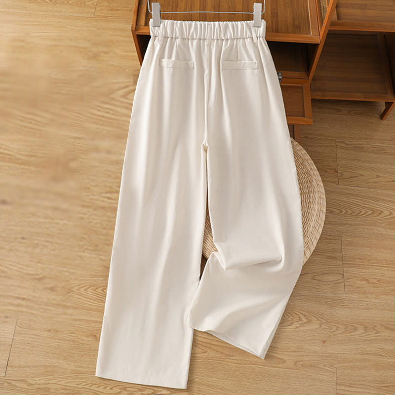 Buddha Stones Casual Hollow Lace Waistband Design Women's Cotton Linen Wide Leg Pants With Pockets