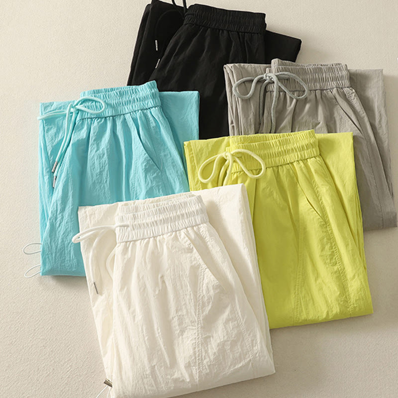 Buddha Stones Summer Vintage Plain Drawstring Cuffed Women's Pants With Pockets