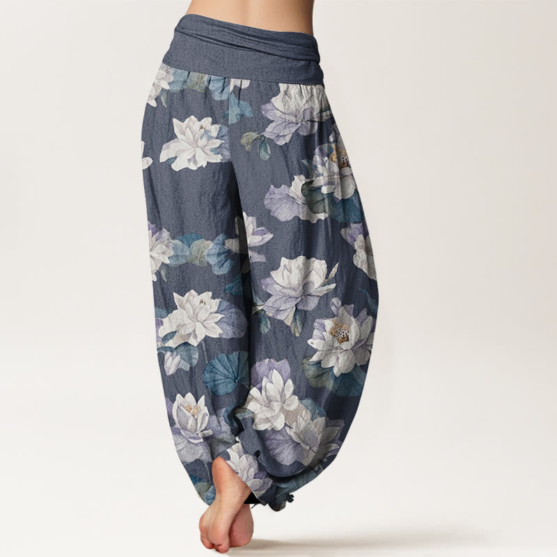 Buddha Stones Casual Elegant Lotus Print Design Women's Elastic Waist Harem Pants - image 2