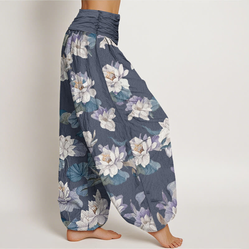 Buddha Stones Casual Elegant Lotus Print Design Women's Elastic Waist Harem Pants - image 1