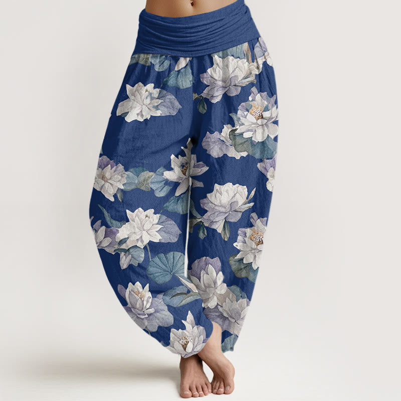 Buddha Stones Casual Elegant Lotus Print Design Women's Elastic Waist Harem Pants - RoyalBlue - US22，UK/AU26，EU54 (6XL) - image 4