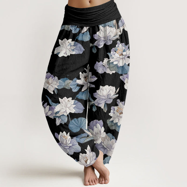 Buddha Stones Casual Elegant Lotus Print Design Women's Elastic Waist Harem Pants - Black - US22，UK/AU26，EU54 (6XL) - image 7