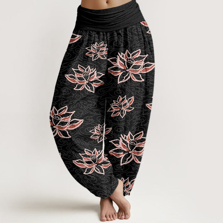 Buddha Stones Cotton Casual Lotus Line Pattern Women's Elastic Waist Harem Pants - Black - US22，UK/AU26，EU54 (6XL) - image 0