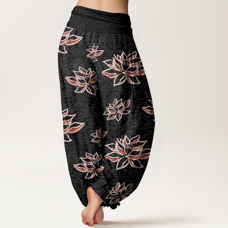 Buddha Stones Casual Lotus Line Pattern Women's Elastic Waist Harem Pants - image 2