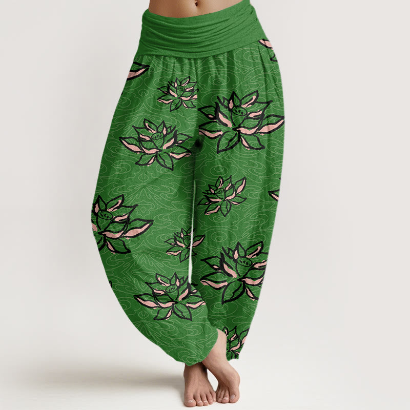 Buddha Stones Cotton Casual Lotus Line Pattern Women's Elastic Waist Harem Pants - ForestGreen - US22，UK/AU26，EU54 (6XL) - image 4