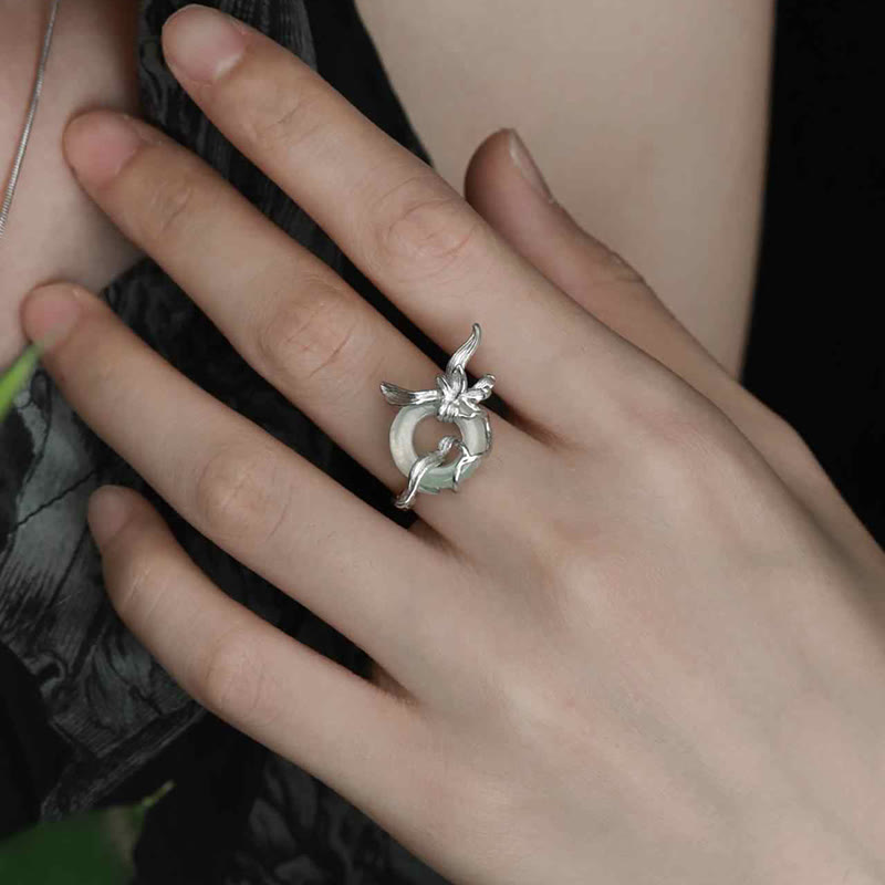 Buddha Stones 925 Sterling Silver Iris Design Peace Buckle Quartzite Jade Balance Ring - image 9