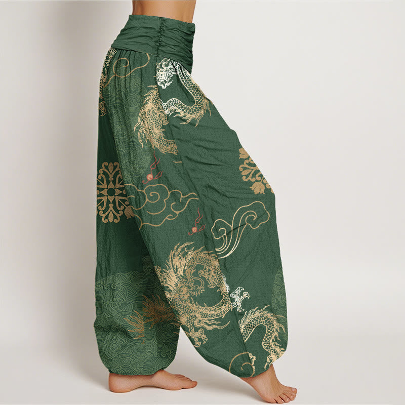 Buddha Stones Cotton Casual Golden Dragon And Auspicious Cloud Pattern Women's Elastic Waist Harem Pants - image 1