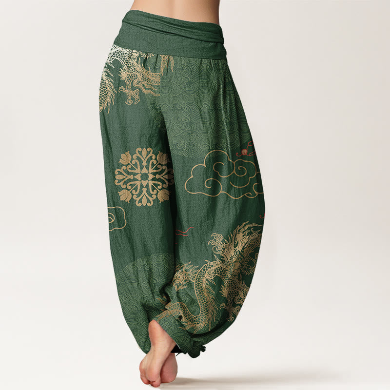 Buddha Stones Casual Golden Dragon And Auspicious Cloud Pattern Women's Elastic Waist Harem Pants - image 2