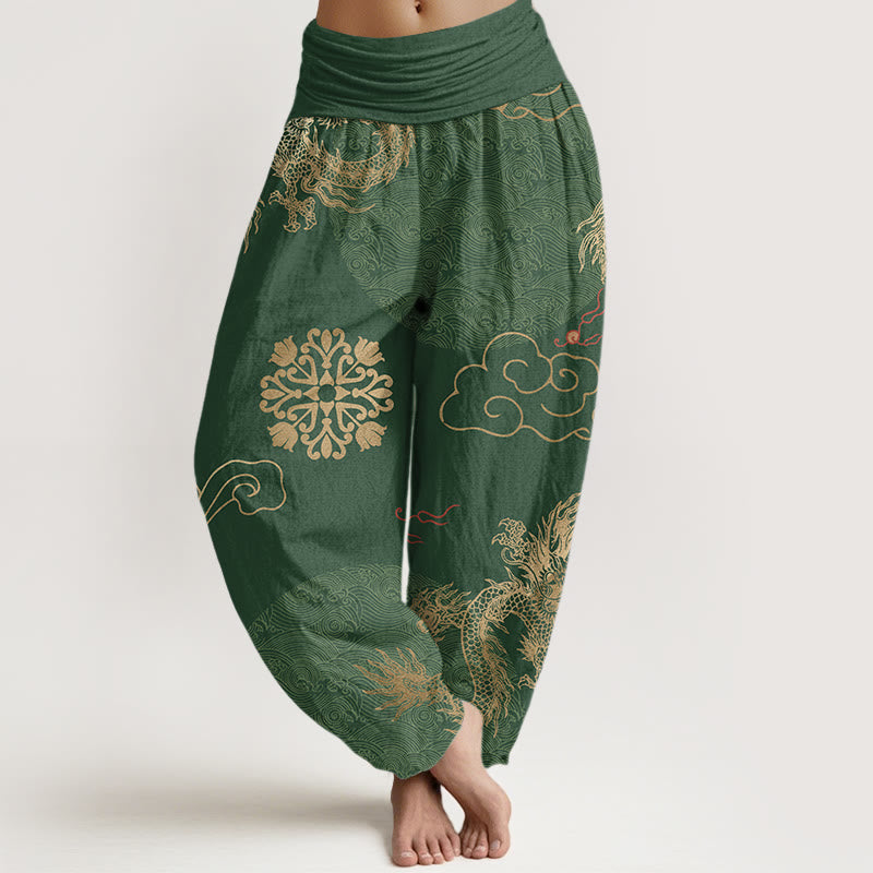 Buddha Stones Cotton Casual Golden Dragon And Auspicious Cloud Pattern Women's Elastic Waist Harem Pants - ForestGreen - US22，UK/AU26，EU54 (6XL) - image 0